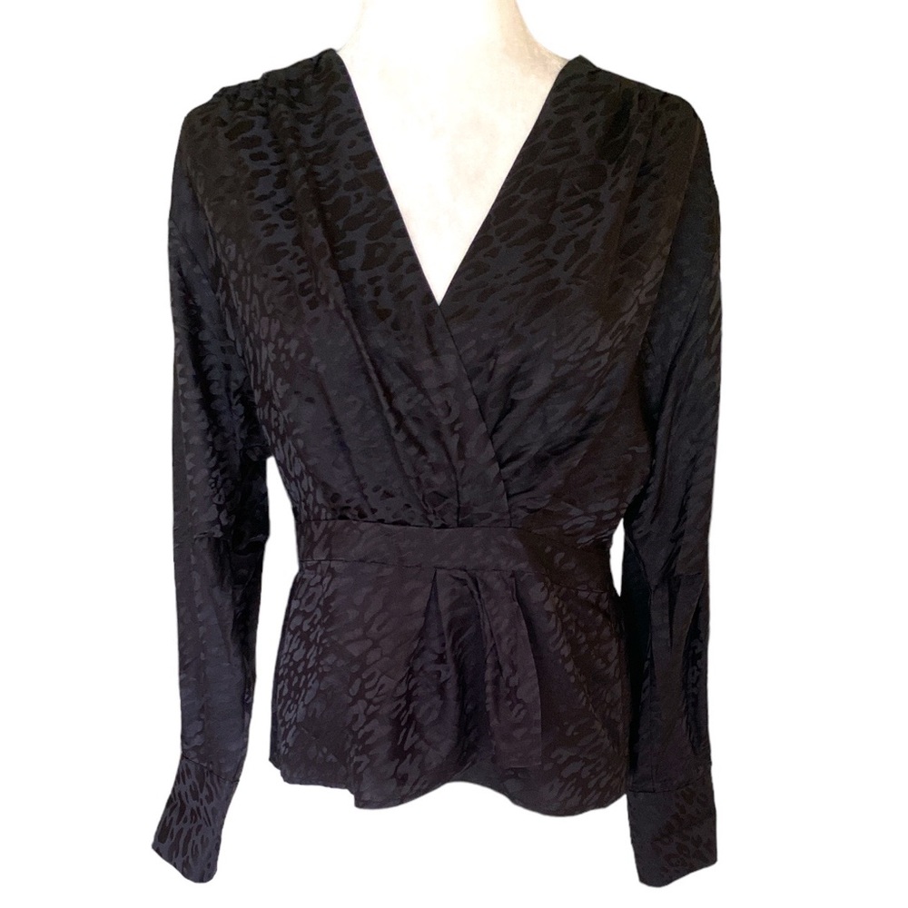 The Kooples Black Silk Leopard Print Faux Wrap Cropped Peplum Blouse - M - Picture 1 of 12